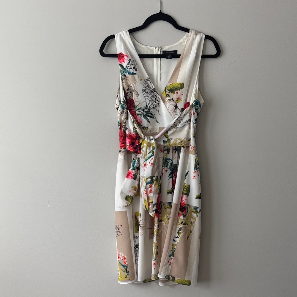 White House Black Market White Floral Midi Dress with Pink & Green Accents